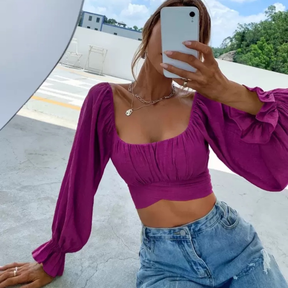 Women’s Off-Shoulder Lantern Sleeve Crop Top Magenta Purple Bow Tie Back